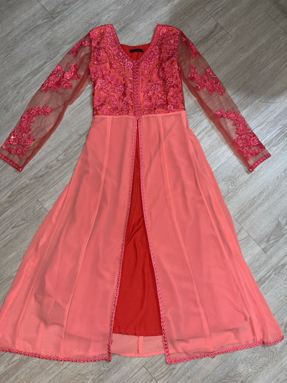 Coral-Pink Embroidered Long Sleeve Split Hem Maxi Dress Small